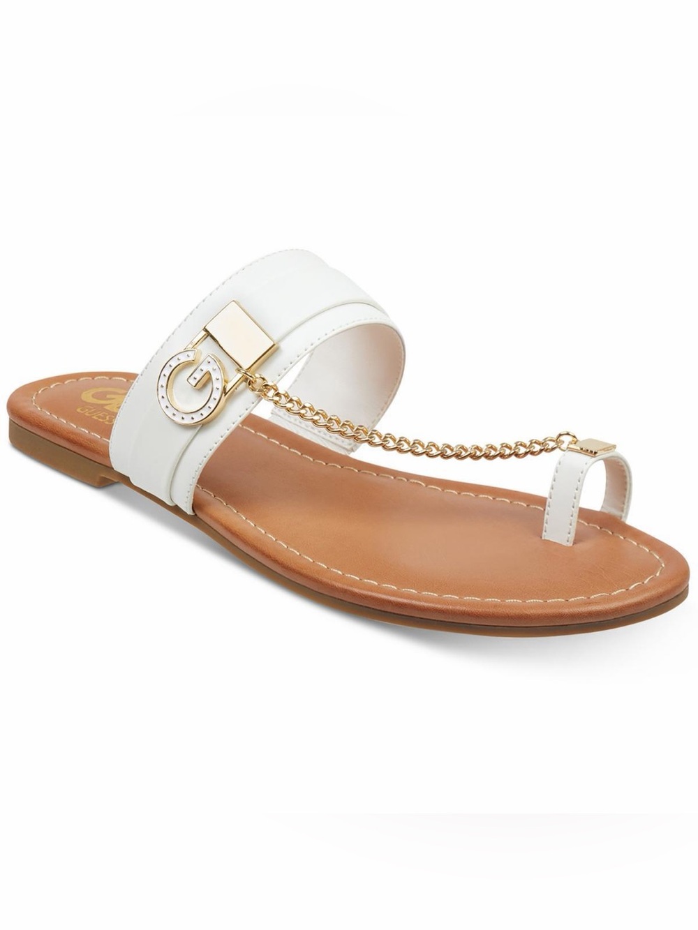 GBG Los Angeles White Loona Faux Leather Gold-Chain Toe-Ring Sandal